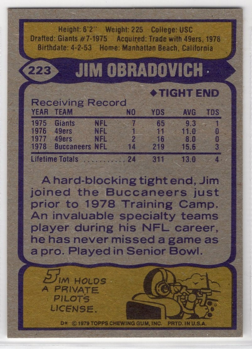 1979 Topps #223 Jim Obradovich Tampa Bay Buccaneers | eBay