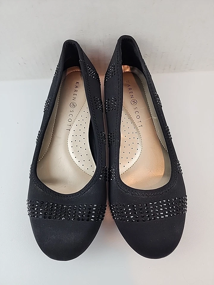 Zapatos planos de ballet Karen Scott para mujer con cristales punta redonda, negros talla 7M Foto 3 de 4