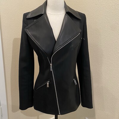 Barbara Bui Leather Coat Wool Blend Lambskin Trim Fitted Black Eur 36 US 2