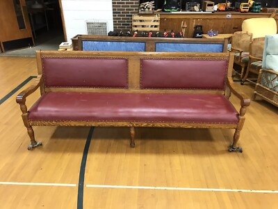 1 OF 2 ANTIQUE VTG WOOD LEATHER/VELVET COUCH      THIS ITEM IS SOLD CAN''T DELETE