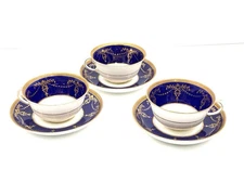 Vtg Set Of 3 Royal Morris Chelsea Tea Cups & Saucers Bone China Cobalt Blue Gold
