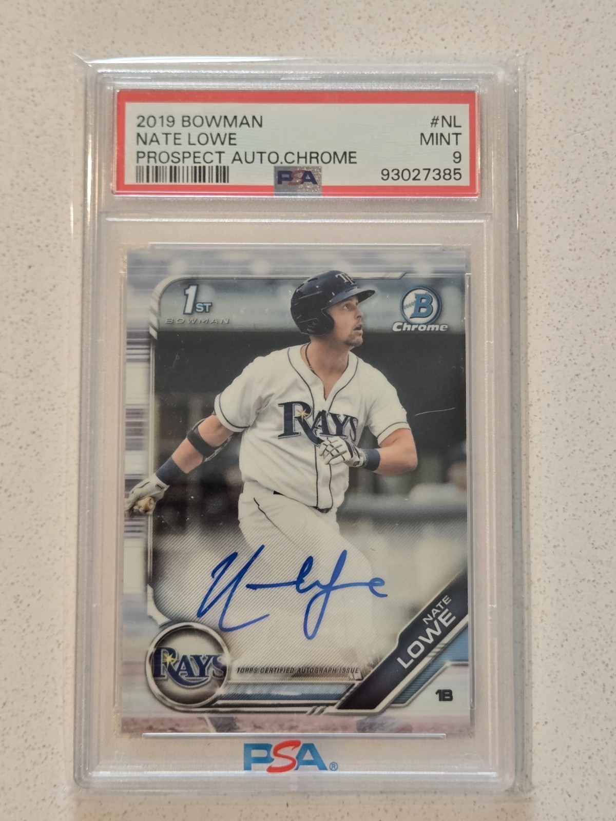 Nathaniel Nate Lowe Graded Rookie Auto - 2019 1st Bowman Prospect Chrome - PSA 9