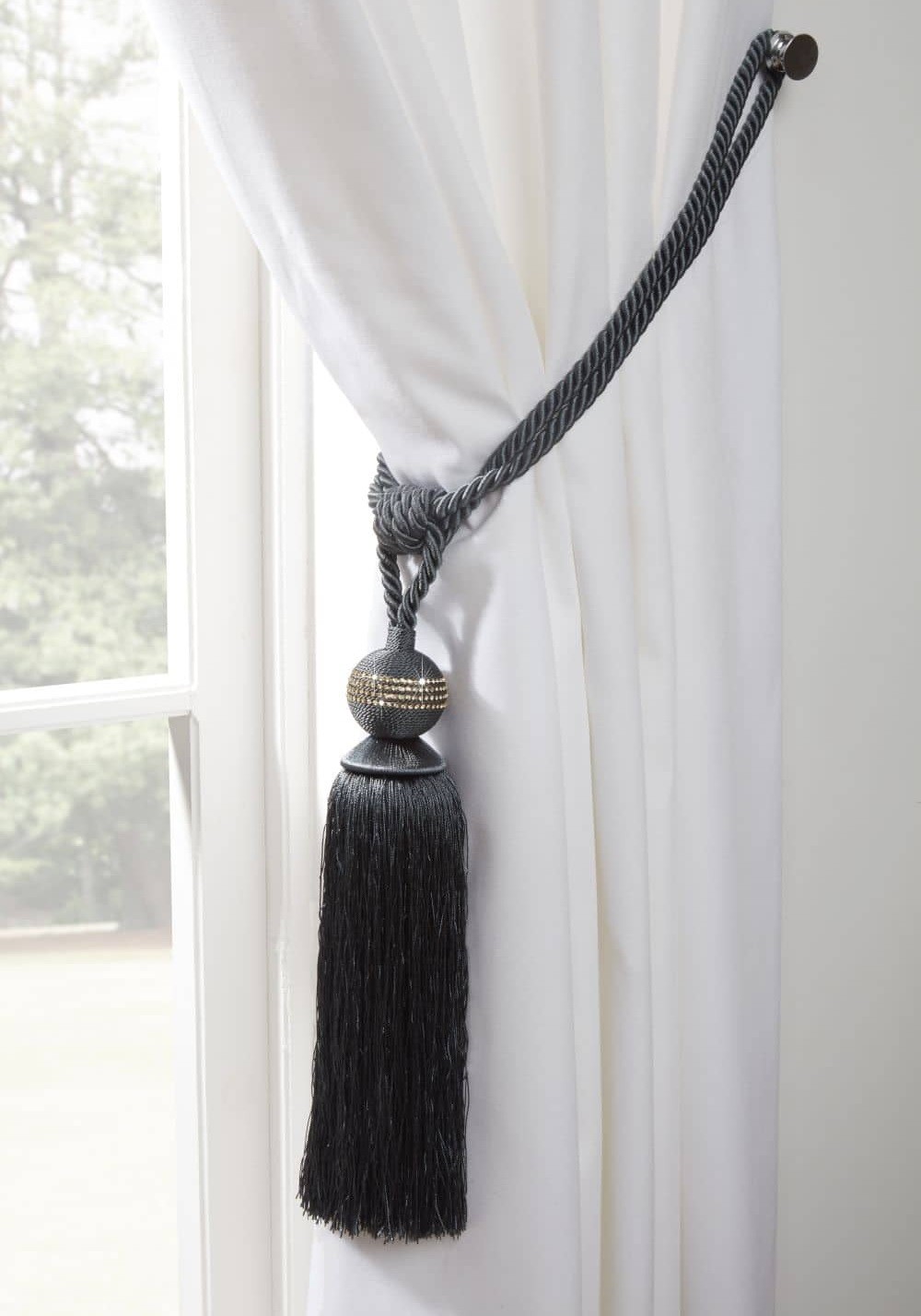 2 x Diamante Tiebacks Graphite Crystal Glitter Tasselled Rope Holdbacks Curtains