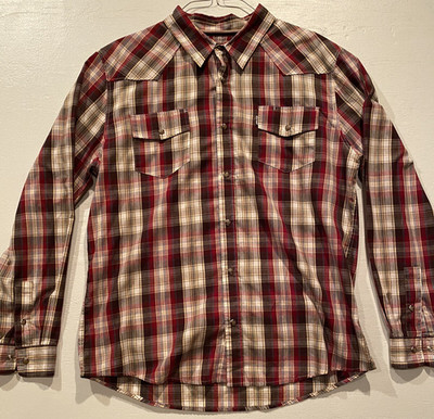 LEVIS MODERN Mens 2XL PLAID Red WHITE Brown Collar Snap Button L/S Shirt XXL