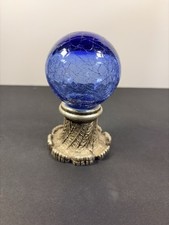 Vintage Cobalt Blue Crackle Glass Gazing Globe Ball On Decorative Metal Base 5” 
