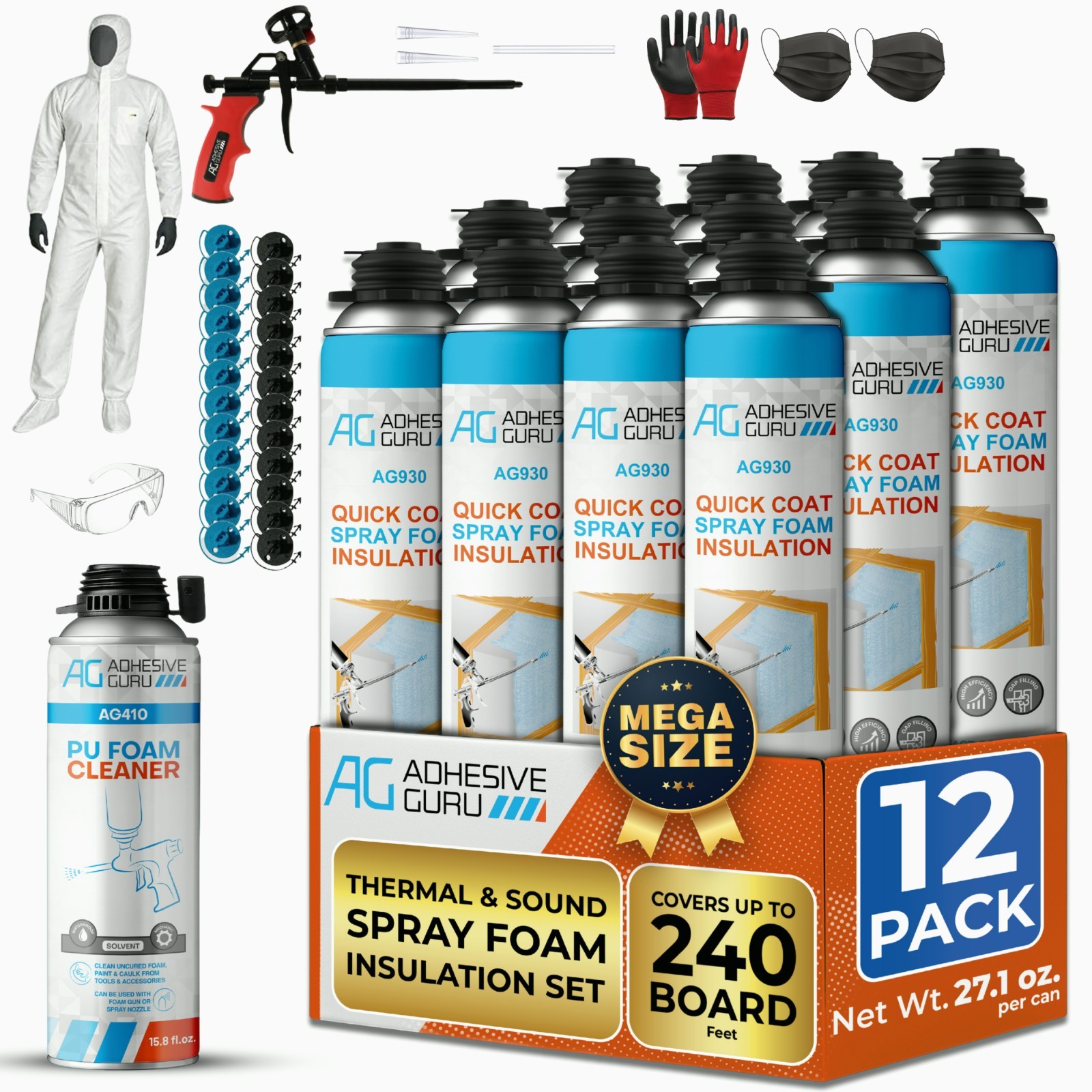 QuickCoat Closed Cell Spray Foam Insulation Kit for Wall–12x32.8oz(930g) Covers