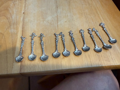 Antique SILVER PLATED Salt Spoons Italy 3'' Long  DIFFERENT TOPS LOT OF 10 #2