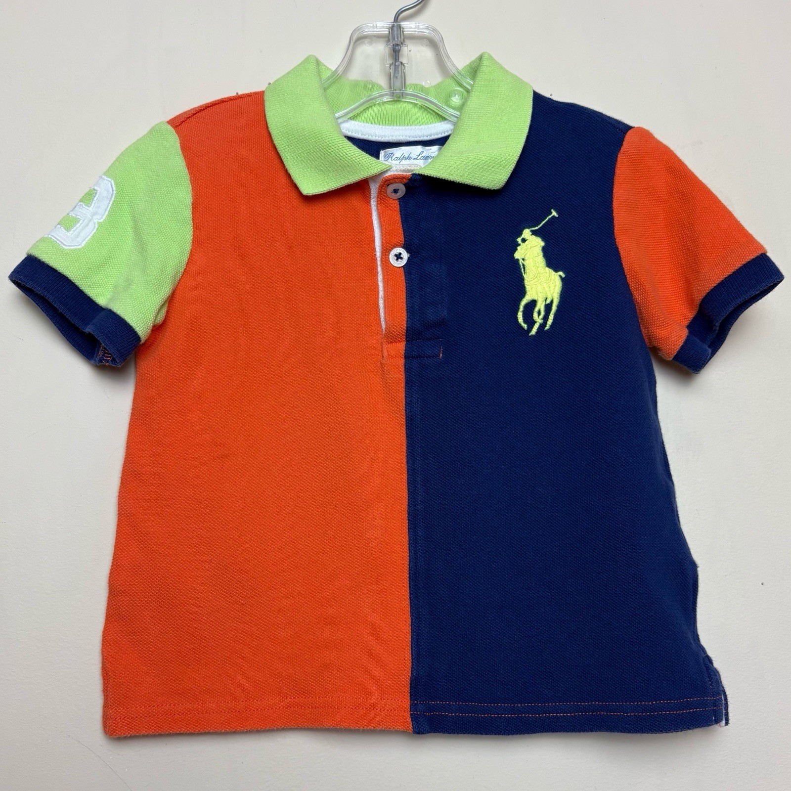 Polo Ralph Lauren polo taglia 24M Big Pony blu navy arancione verde colorblock