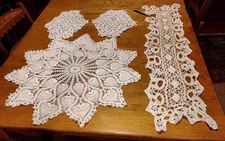4 Piece Hand Crocheted Lot, 1 Star-shaped Doily, I  Table Runner & 2 Doily Pair