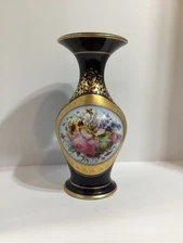 Old Paris Porcelain 19th Century Hand Painted Cobalt & Gold 12”Vase Flower Scene