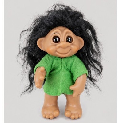 Vintage 9 Inch Black Hair Troll Doll Green Felt Tunic Marked 604 Collectible Toy