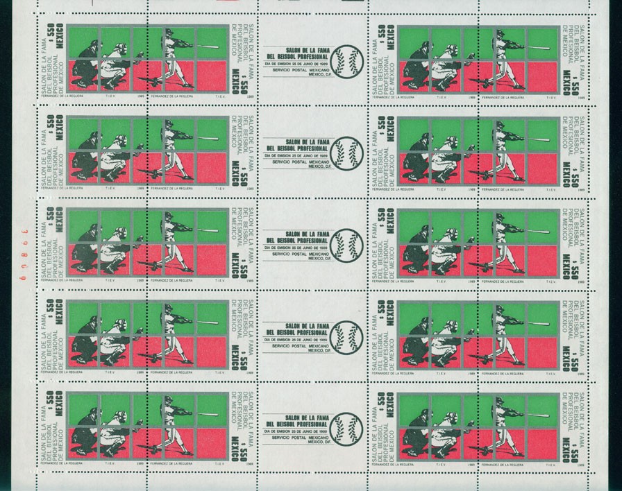 MEXICO 1989 BASEBALL HALL OF FAME Full pane 10 sets w/ inscr. gutter, MNH, rare