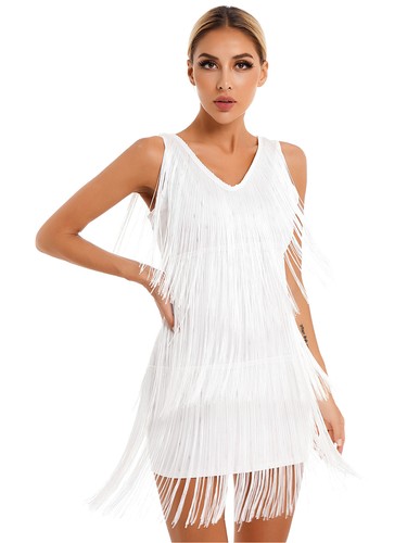 Womens Vintage Tassel Flapper Dress Sleeveless V-Neck Latin Salsa Dance Dress - Imagen 9 de 58