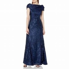 Tahari St. Levine Navy Blue Floral Burnout Velvet Cowl Neck Formal Gown Size 8