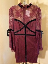 Asos Burgundy High Neck Lace Bodycon Mini Dress W/ Velvet Tape Sz 4 NEW W/ TAGS
