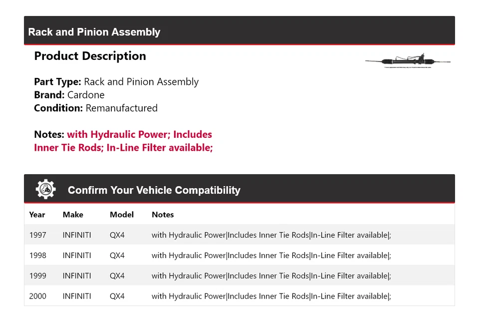 Conjunto de piñón y estante Infiniti QX4 1997-2000 Cardone 1998 1999 Foto 2 de 4