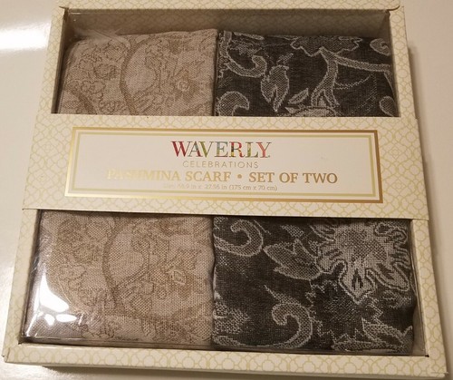 New 2 Pc Set Waverly Celebrations Beige & Black Polyester Pashmina Scarves - Picture 2 of 6