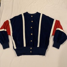 Vintage 80s Ancora Blue Red Color Block Striped Bomber Jacket Gold Buttons Sz XL