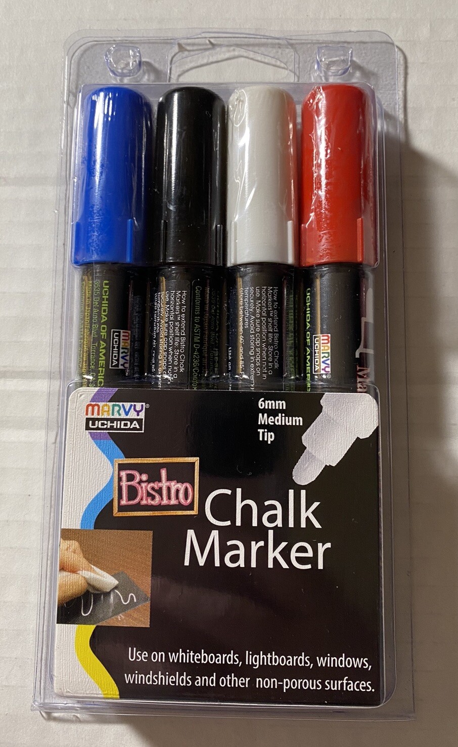 Marvy Uchida Bistro Chalk Marker Medium Tip. Set 4/Pkg. Red, Blue, White & Black