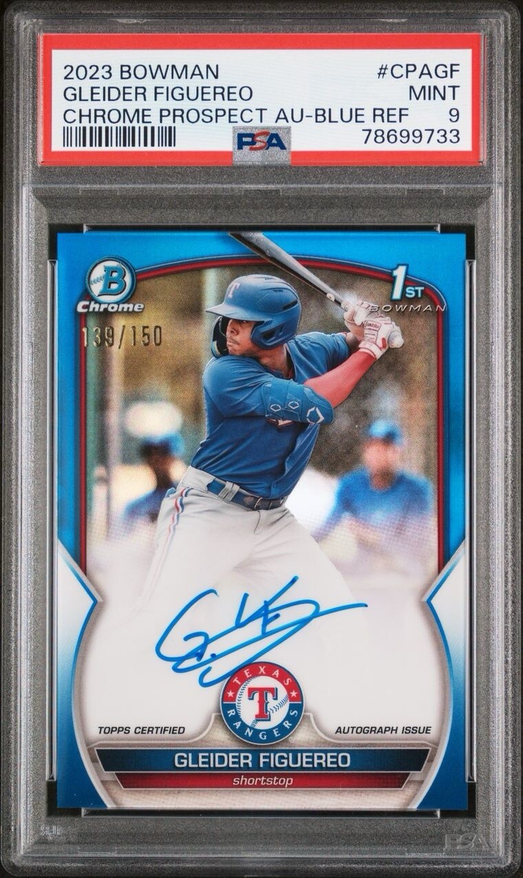 2023 Bowman Chrome Gleider Figuereo 1st Blue Refractor Auto /150 Texas PSA 9