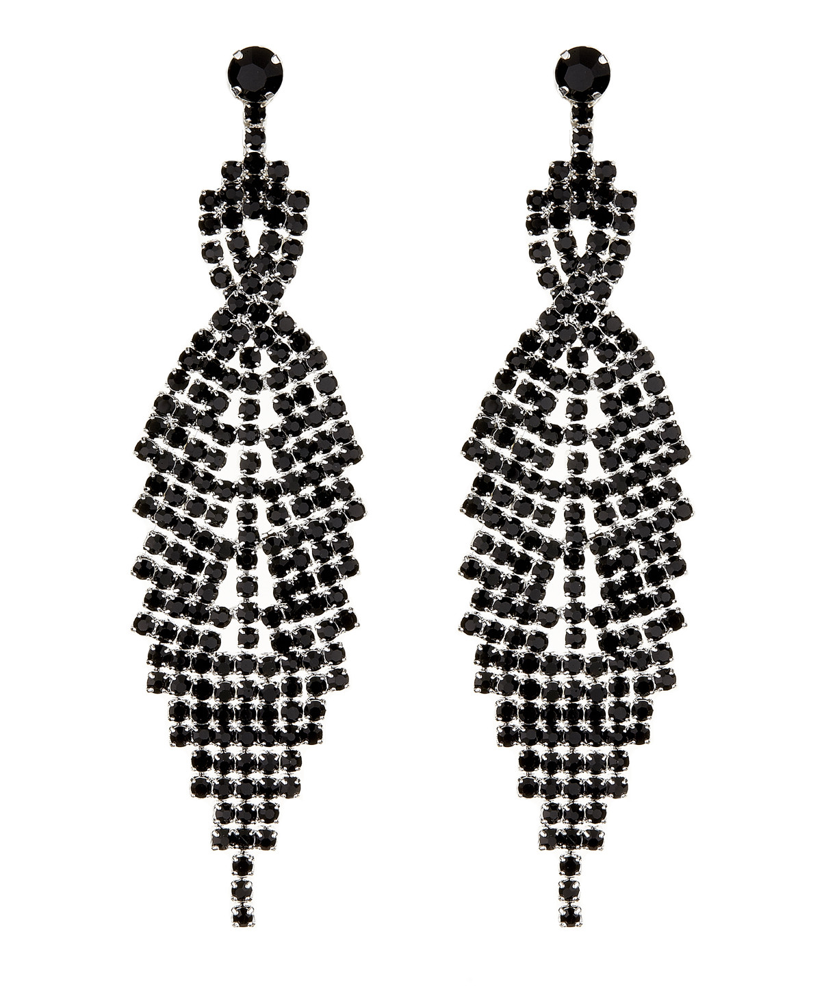 Black Clip On Earrings long drop dangle with crystals - Cadis B