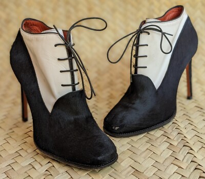 SANTONI Womens Black&White Fur Ankle Leather Boots Size EU 38 | UK 5 | US 8