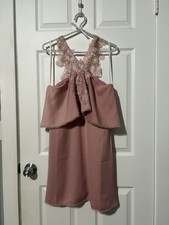 Koxbox Pink Lace A-Line Floral Layered Ruffle V-Neck Sleeveless Short Dress