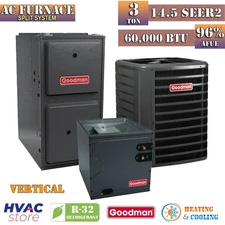 Goodman 3 Ton 14.5 SEER2 AC Furnace & Coil System 96% AFUE 60K BTU Vertical R32