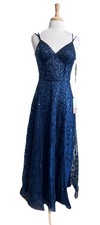 Stacees Long Formal Gown Size 4 Navy Blue Sequin Split Prom Dress Fairycore NWT