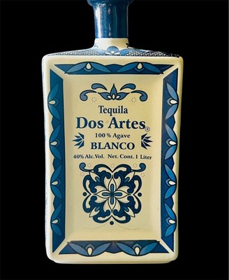 Dos Artes Tequila Blanco Handcrafted Porcelain Empty Blue Liquor Bottle, 1L
