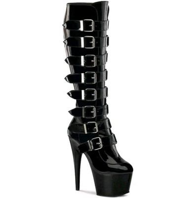 PLEASER ADORE-2043 Women's Black 7'' Heel Platform Knee Buckles Size 7 Zip Boots