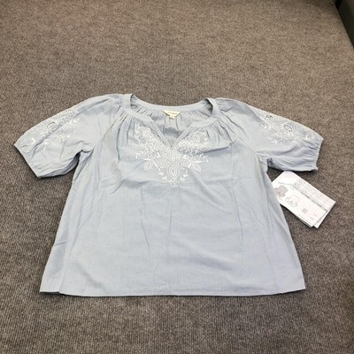 Lucky Brand Blouse Womens Small Blue Embroidered Scoop Neck Balloon Sleeve Top
