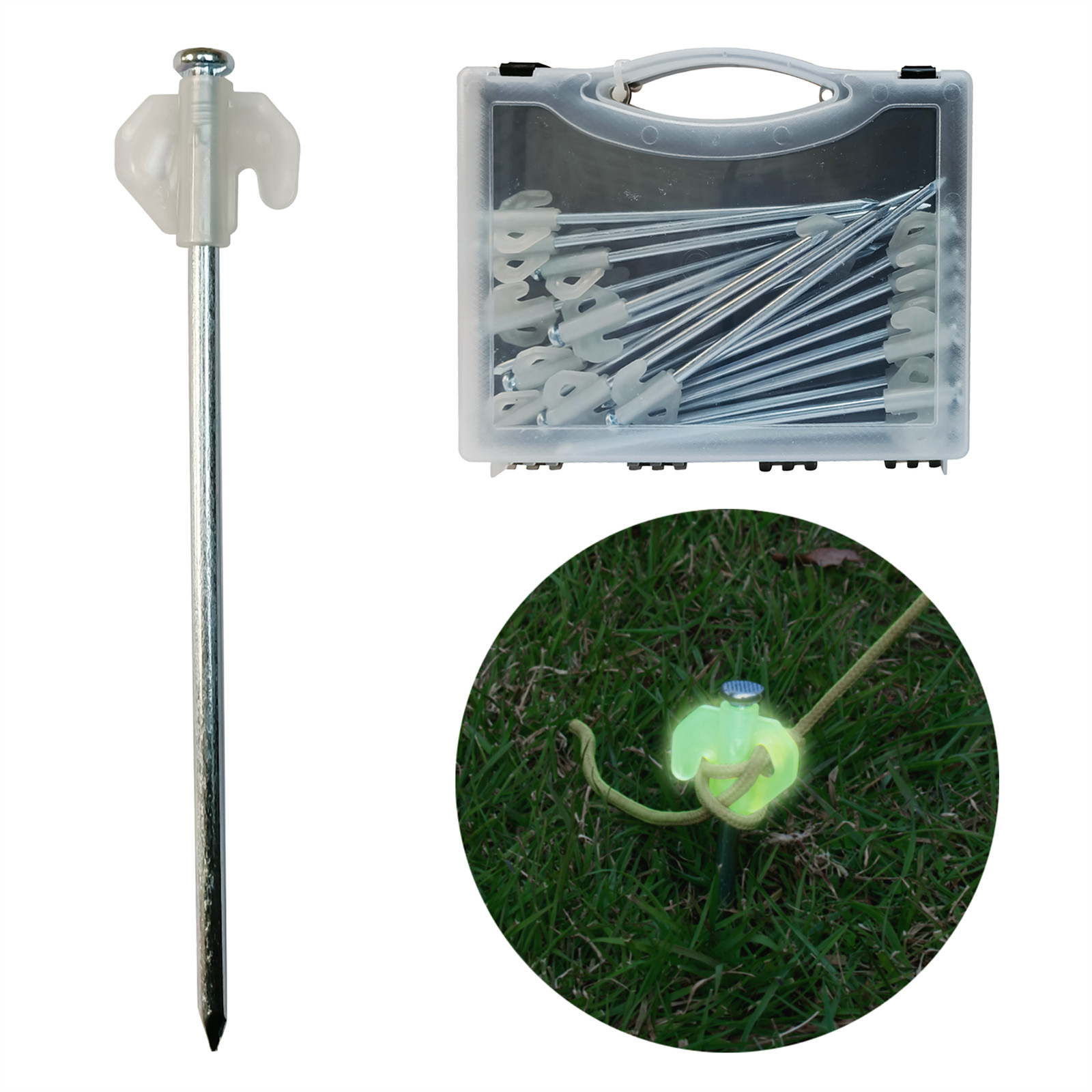 20PC GLOW IN THE DARK CAMPING GALVANISED STEEL TENT PEGS GARDEN GROUND STAKES