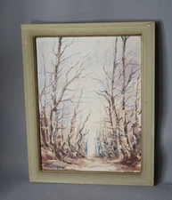 Vintage Old Greek Oil on Canvas Painting Winter Landscape Tree Forest A.Signed