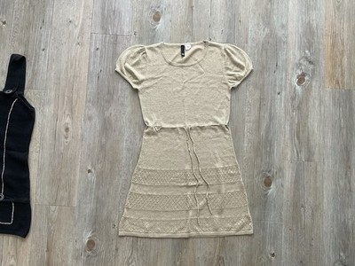 H&M DIVIDED Damen Strickkleid Beige Gold Puffärmel Ajour Lochmuster Gr. 36 S