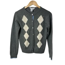 Cabi Argyle Cardigan Sweater Cashmere Angora Blend Womens M Grey White Button Up