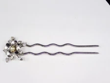 Vintage Silver Tone Floral Hair Fork with Rhinestones & Faux pearl Center