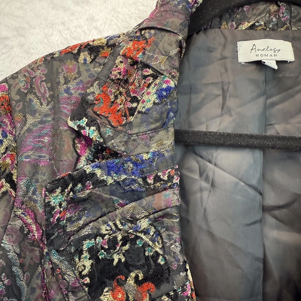 Abrigo Analogía Mujer Brocado Jacquard Negro Metálico Floral Tapiz Chaqueta 1X Foto 3 de 4