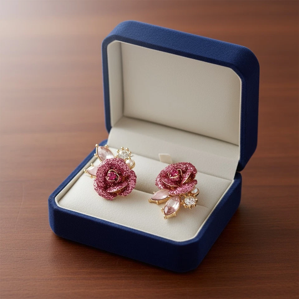 Betsey Johnson Mismatch Stud Earrings Glitter Rose | Mixed Stones and Pearls - Image 4 of 4