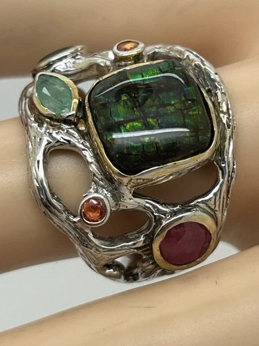 925 sterling silver Vintage Artisan  Black Opal & Rubi Stones Ring Size 8.5