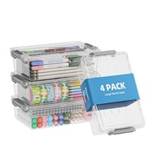 4 Pack Extra Large Pencil Box, Plastic Pencil Case Organizer, Clear Crayon Bo...