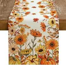 Fall Pumpkins and Sunflowers Table Runner 13X72 Inch, Maple Leaves Farmhouse Tha