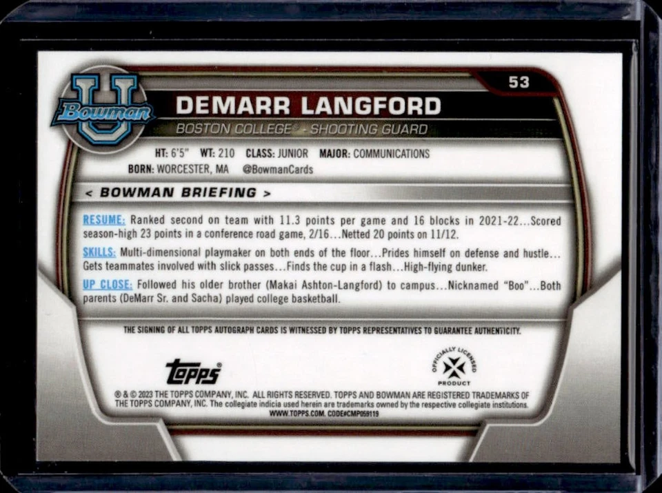 2022-23 Bowman Chrome U Demarr Langford Prospect Auto #53 Eagles - Image 2 of 2