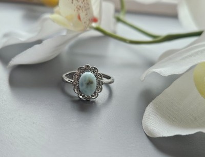 1 silber farbener Damen Ring Vintage Stil, Larimar Edelstein, größenverstellbar
