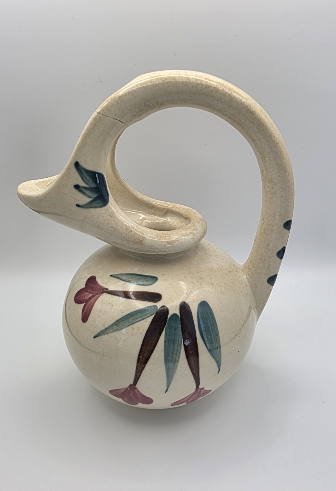 Vintage Hand Painted Ceramic Bud Vase Boho Pottery Floral Loop Handle Decor