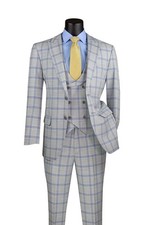 Vinci Modern Fit Peak Lapel Glen Plaid Men's 3-Piece Suit with Vest Light Gray