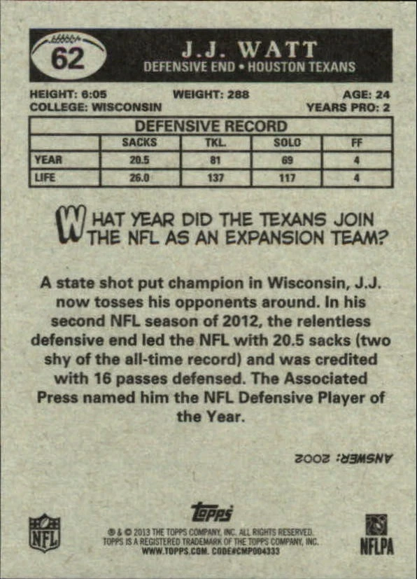 2013 Topps 1959 Mini #62 J.J. Watt - FB - Image 2 of 2