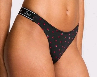 Victoria's Secret PINK Thong NWT Medium Black Red Heart Cherry High Leg Panties