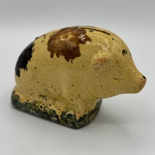 Antique Yellow Ware Stoneware Spongeware Seated Pig Bank Roseville OH Pottery A