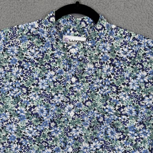 Luxire Shirt Mens Large Blue Green Floral Button Up Short Sleeve Cotton Collared